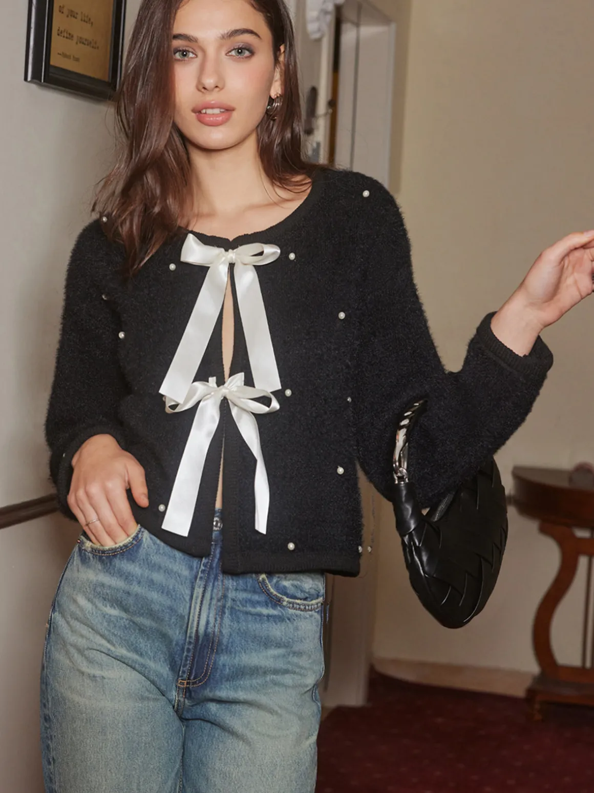 Beaded Decor Bow Knit Top