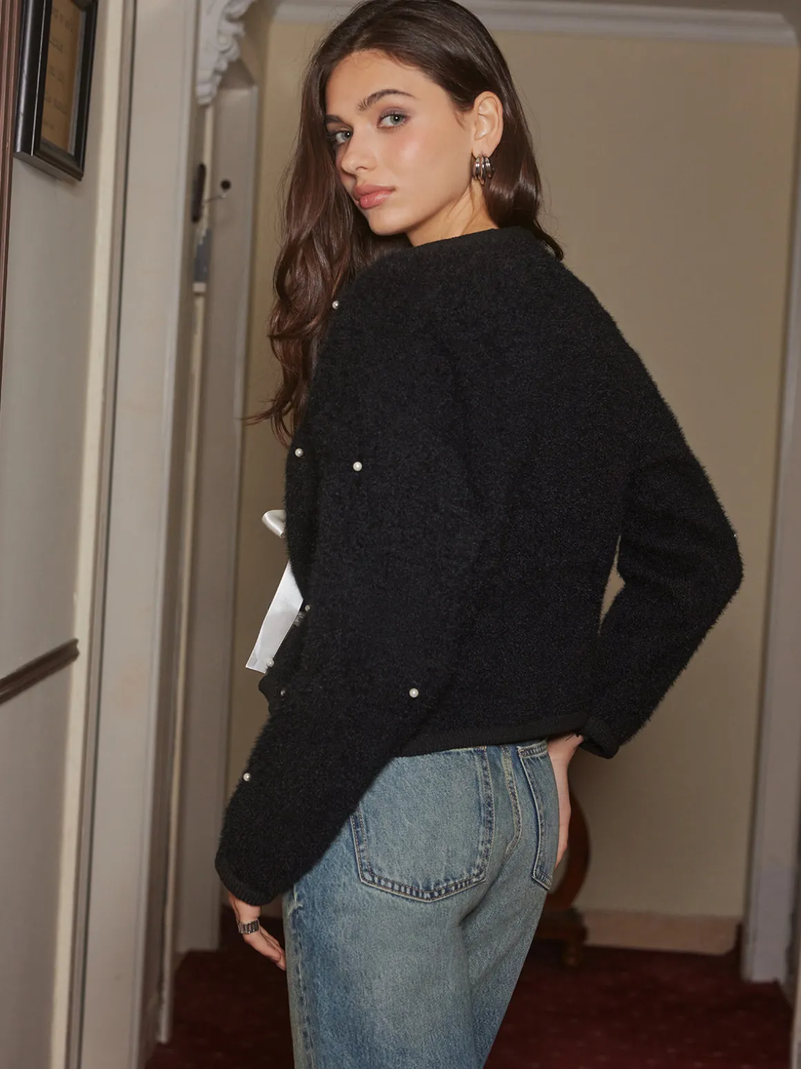 Beaded Decor Bow Knit Top