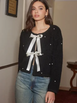 Beaded Decor Bow Knit Top