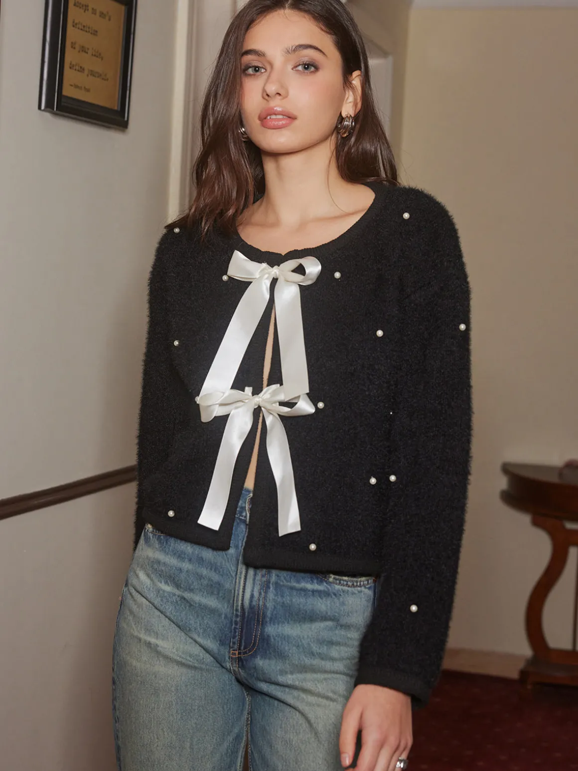 Beaded Decor Bow Knit Top