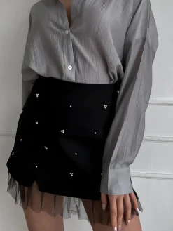 Beaded Tulle Trim A Line Skirt
