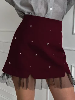 Beaded Tulle Trim A Line Skirt