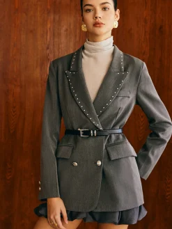Beaded-Decor Blazer Without Belt