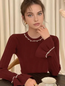 Beaded-Decor Ruffle Knit Top