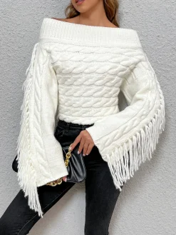 Beheme Off-Shoulder Tassel Sweater