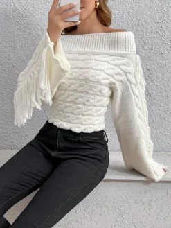 Beheme Off-Shoulder Tassel Sweater