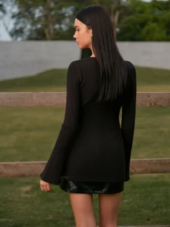 Bell Sleeve Cutout Split Knit Top