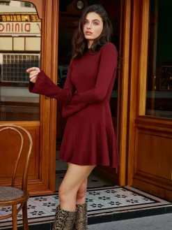 Bell Sleeve Pleated Sweater Short Dress