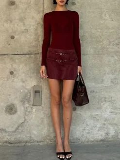 Belt-Decor Pinstripe Skirt