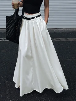 Belted Pleated Long Skirt