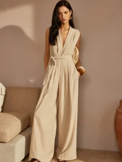 Belted Ruched V-Neck Jumpsuit