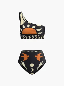 Bird Print Asymmetrical Neck Bikini Set