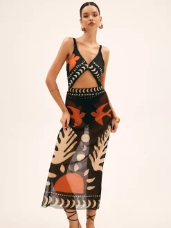 Bird Print Mesh Cover Up Maxi Skirt