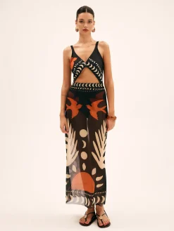 Bird Print Mesh Cover Up Maxi Skirt