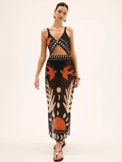 Bird Print Mesh Cover Up Maxi Skirt