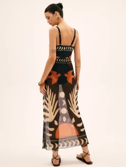 Bird Print Mesh Cover Up Maxi Skirt