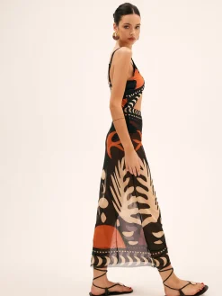 Bird Print Mesh Cover Up Maxi Skirt