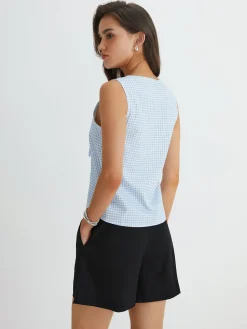 Blue Gingham Tie Front Top