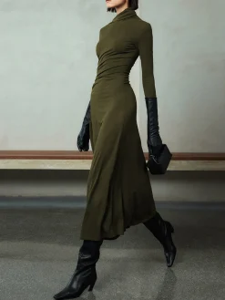 Bodycon Asymmetrical Neck Long Sleeve Ruched Maxi Dress