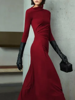 Bodycon Asymmetrical Neck Long Sleeve Ruched Maxi Dress