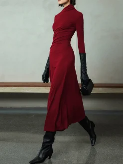 Bodycon Asymmetrical Neck Long Sleeve Ruched Maxi Dress
