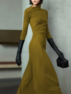 Bodycon Asymmetrical Neck Long Sleeve Ruched Maxi Dress