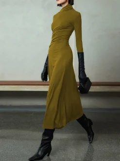 Bodycon Asymmetrical Neck Long Sleeve Ruched Maxi Dress