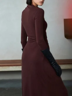 Bodycon Asymmetrical Neck Long Sleeve Ruched Maxi Dress