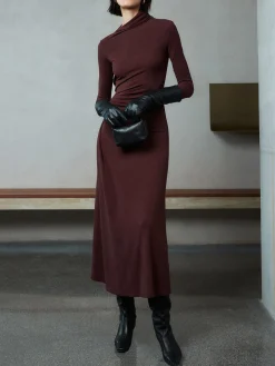 Bodycon Asymmetrical Neck Long Sleeve Ruched Maxi Dress