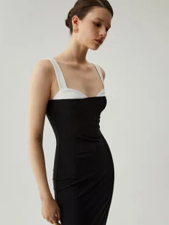 Bodycon Patchwork Sweetheart Collar Cami Midi Dress