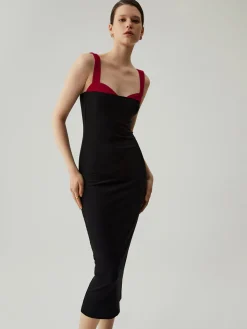 Bodycon Patchwork Sweetheart Collar Cami Midi Dress