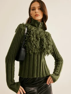 Boheme Raw Hem Zipper Knit Top