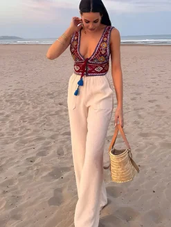 Boho Embroidery Knotted Cami Top
