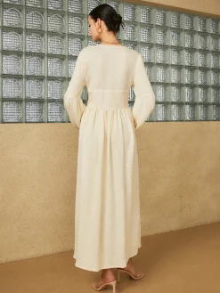 Boho Lantern Sleeve Button-Front Long Split Dress