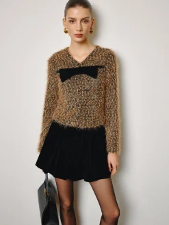 Bow Decor Purl Short Blouse