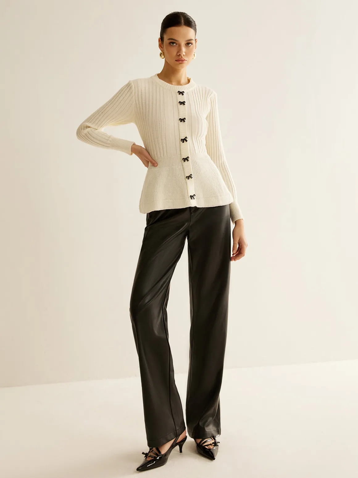 Bow Decor Ruffle Knit Top