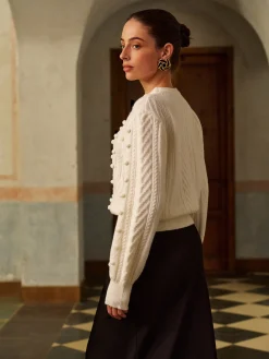 Bow Front Knit Ball-Decor Sweater