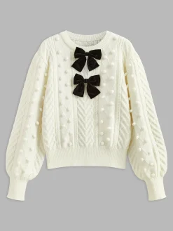 Bow Front Knit Ball-Decor Sweater