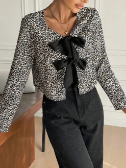 Bow Front Leopard Printed Jersey Blouse