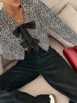 Bow Front Leopard Printed Jersey Blouse