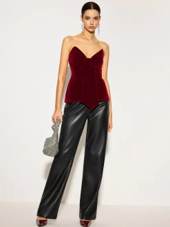 Bow Front Velvet Zipper Tube Top
