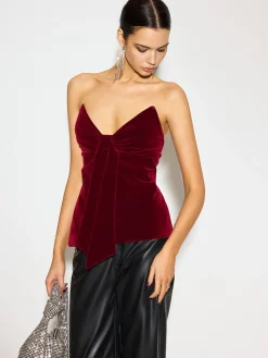 Bow Front Velvet Zipper Tube Top