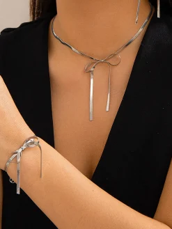 Bow Tassel Necklace Bracelet Set