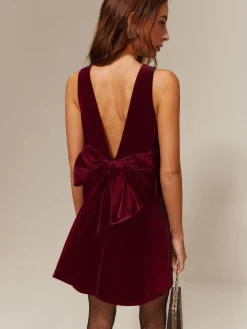 Bow-Decor Backless Velvet Tank Dress