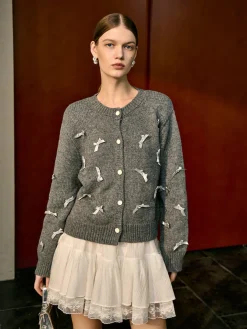Bow-Decor Button Stretch Cardigan