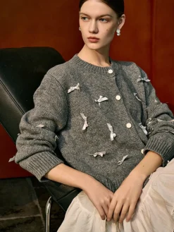 Bow-Decor Button Stretch Cardigan