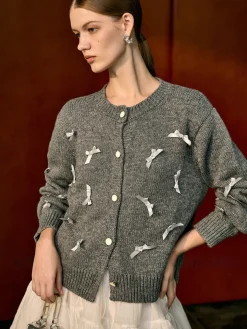 Bow-Decor Button Stretch Cardigan
