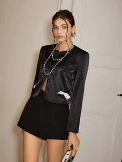 Bow-Decor Satin Short Blazer