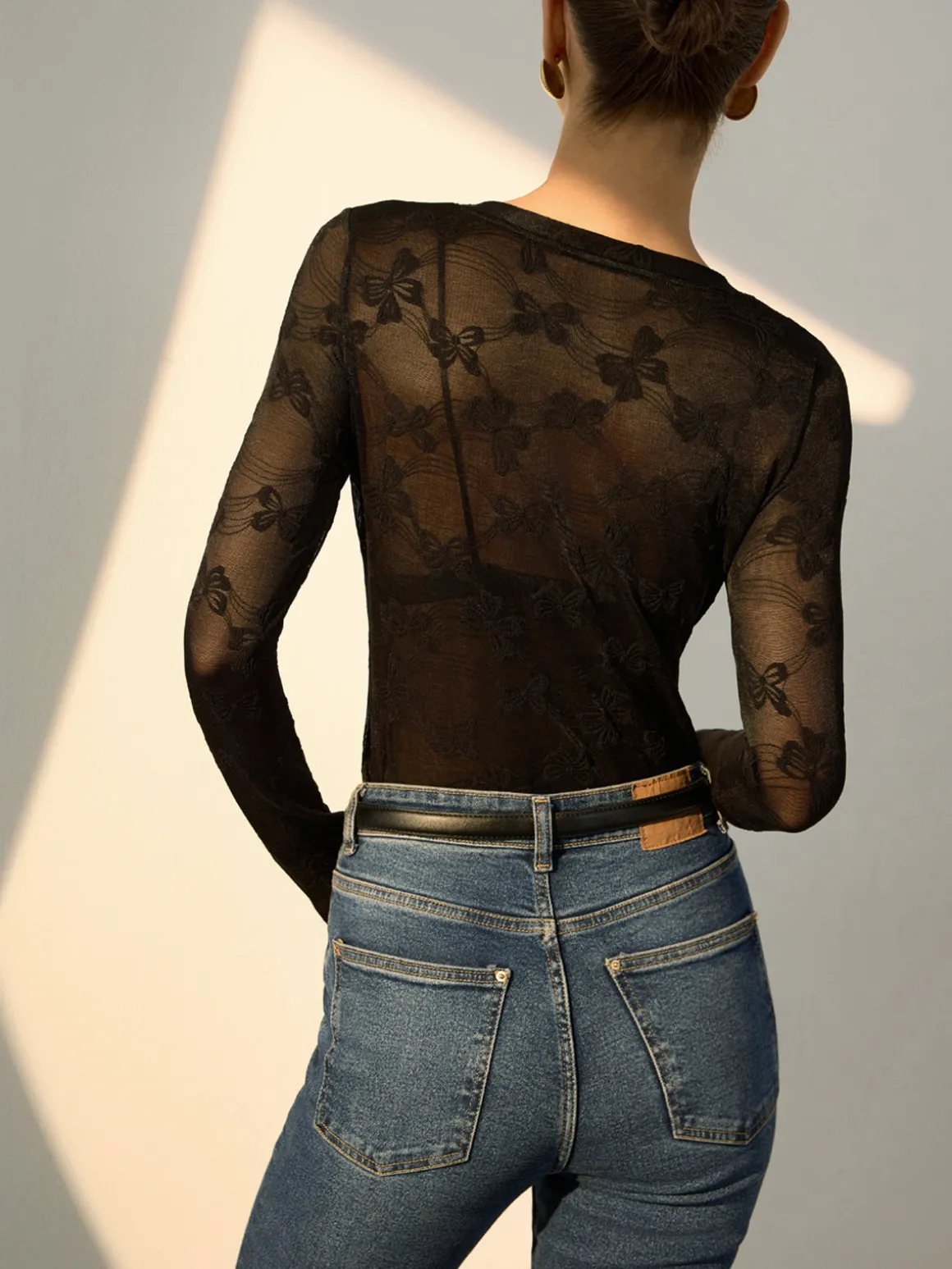 Bow-Pattern Slim Sheer Blouse
