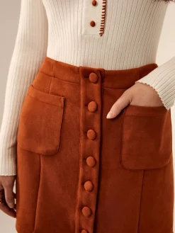 Breasted Pockets Faux Leather Skirt
